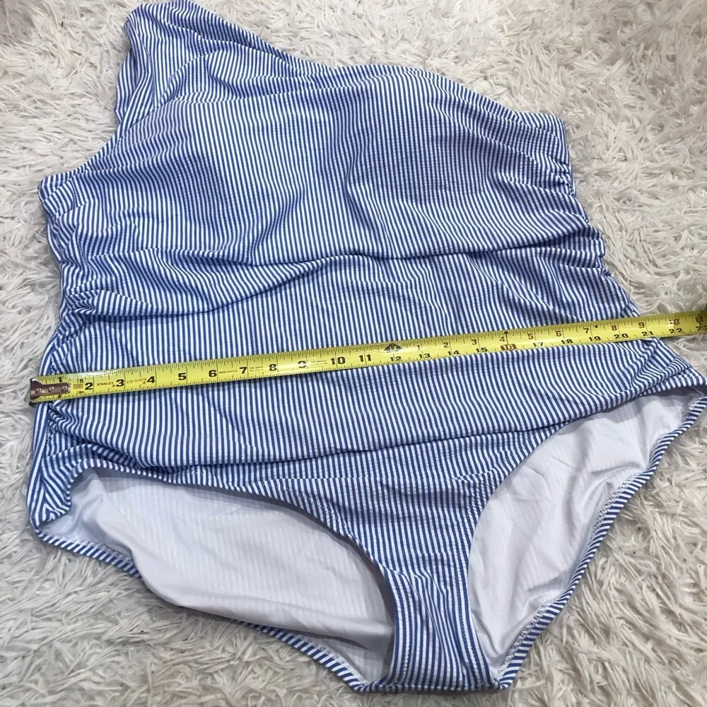 J Crew Ruched‎ Seersucker One Shoulder One Piece Swimsuit Blue White Size 24